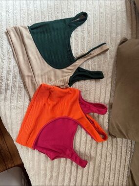 Ribbed Colorblock Crop Tops - Green/Tan & Orange/Magenta